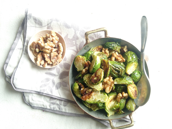 roasted Brussels sprouts with walnuts and grainy mustard sauce