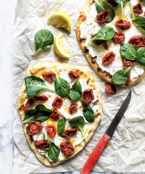 Grilled Naan Pizzas with Ricotta & Tomatoes