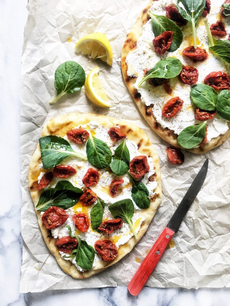 Grilled Naan Pizzas with Ricotta & Tomatoes | Chocolate Shavings