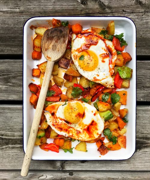 Roasted Veg with Sunny-Side-Up Eggs and Paprika Oil